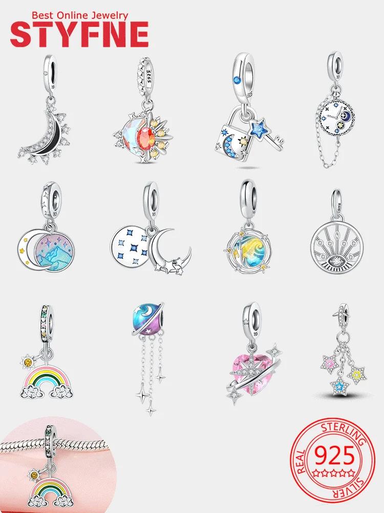 Charms Shining Zircon Moon Planet Rainbow Star Beads Copper Pendant Fit Original Bracelets Diy Women Jewelry Fine Gift