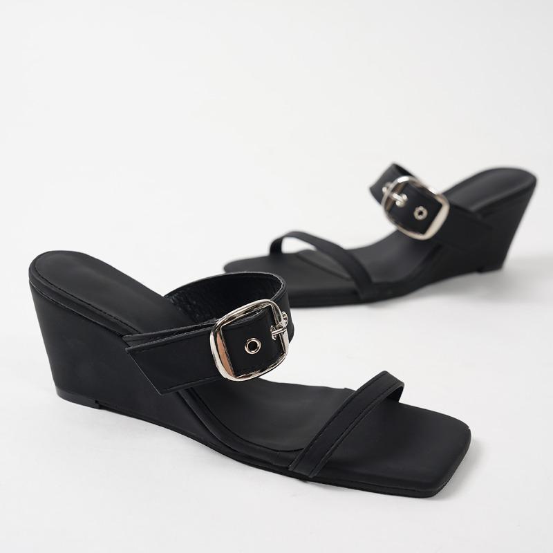 

Fashion Plus Size Sandals Women s Summer New French Fashion Square Toe Rivet One Strap Wear Wedge Sandals and Slippers 42 чёрный