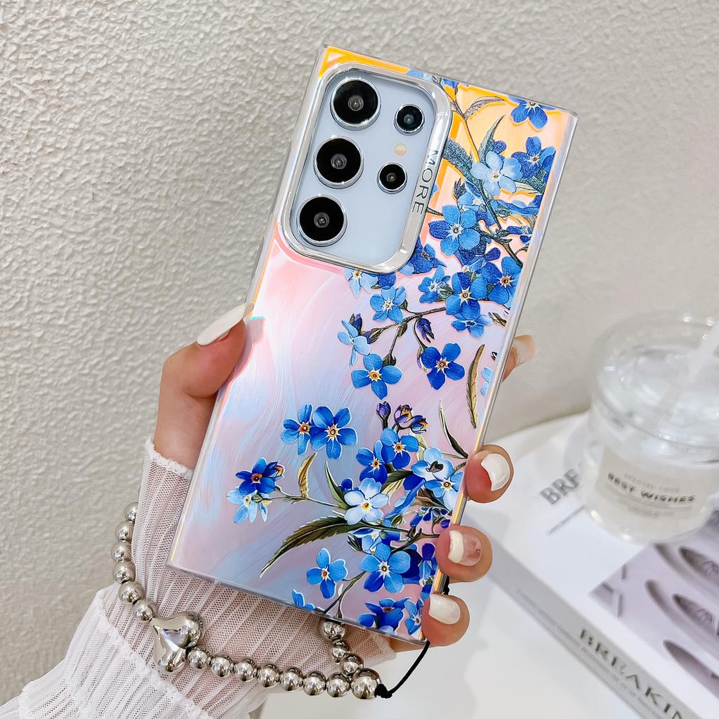 For Samsung Galaxy S24 Ultra Case TPU+PC Flower Pattern Laser Texture Phone Cover with Beaded Bracelet