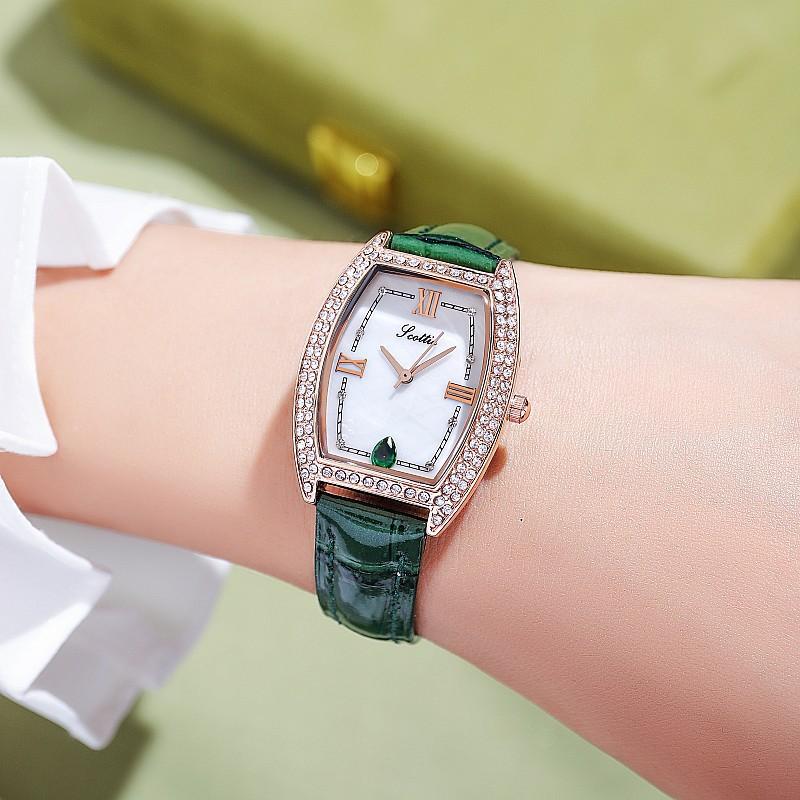 Stylish And Simple Temperament Women'S Watch Full Of Diamonds, Wine Barrel Shape Personalized Watch Women'S Green Leather Strap