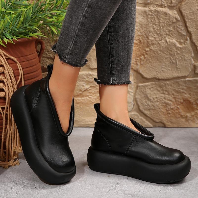 Fashion Retro Leather Booties Women's New Ethnic Style Big Round Toe Platform Casual Comfortable Non-slip Platform Shoes