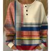 Women's Crew Neck Three‑Button Placket Color‑Block Striped Waffle Knit Loose Long Sleeve Top