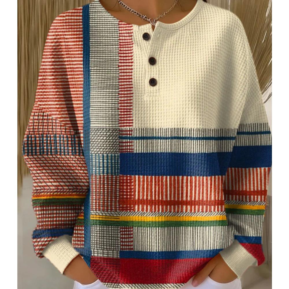 Women's Crew Neck Three‑Button Placket Color‑Block Striped Waffle Knit Loose Long Sleeve Top