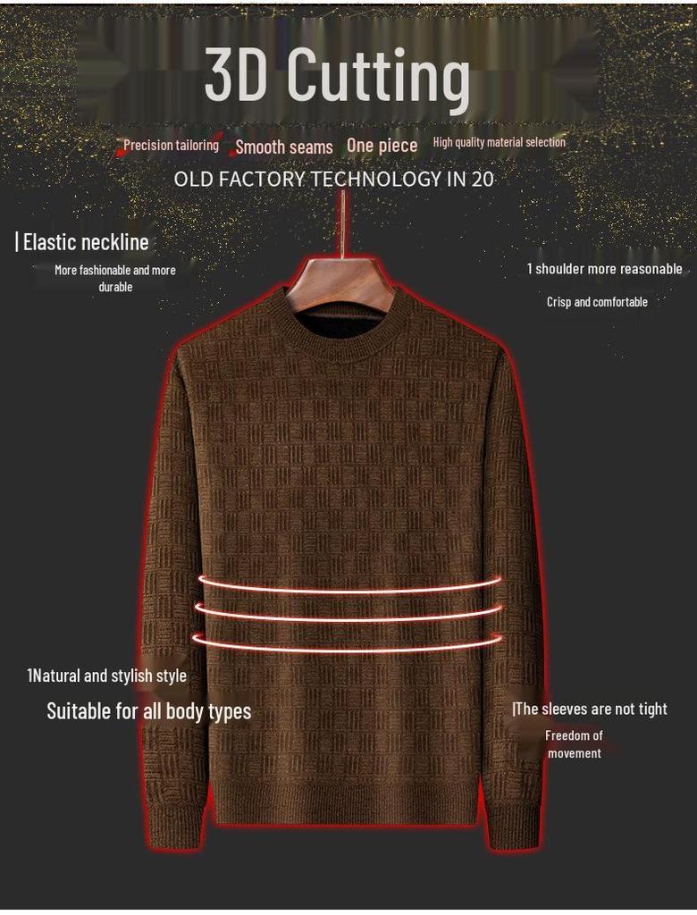Men's Fleece-lined Jacquard Sweater - Winter Warmth, Round Neck Solid Color Knitwear.