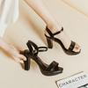 Summer new sandals women's thick heel one-word buckle high heels waterproof table open-toed women's shoes leather surface