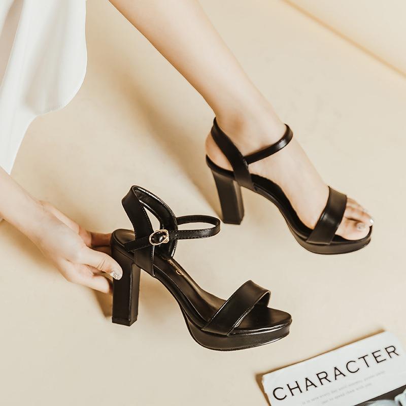 Summer new sandals women's thick heel one-word buckle high heels waterproof table open-toed women's shoes leather surface