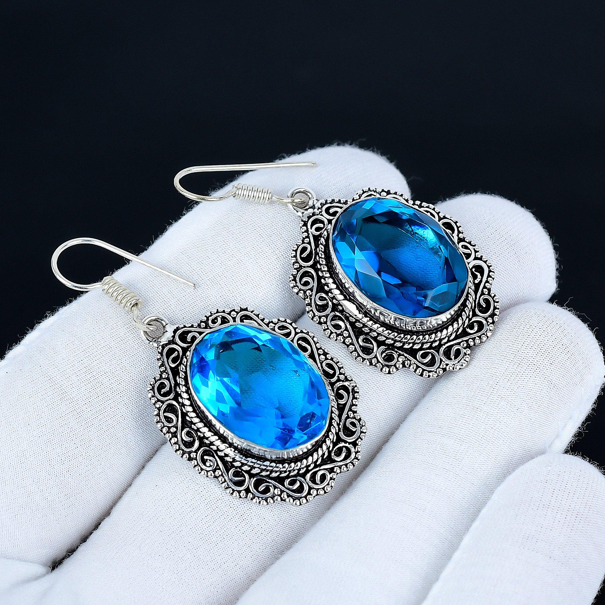

Blue Topaz Gemstone Earrings, 925 Sterling Silver Earrings, Handmade Silver Earrings For Gift, Blue Topaz Dangle Drop Earrings For Party Wear Gift 5 Cm