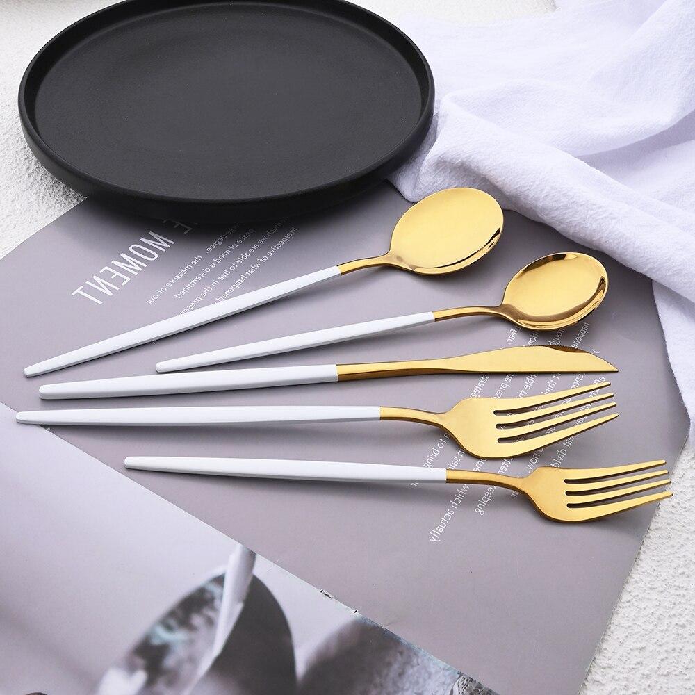 Blue Gold 5Pcs Dinnerware Set Silverware Flatware Knife Dessert Fork Spoon Stainless Steel Tableware Cutlery Set Protable Eating Utensils