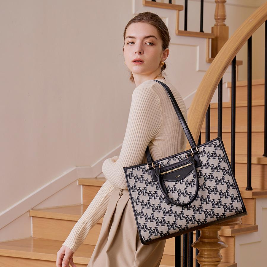 New ELLE Fabric Tote Bag, Multi Compartment, Fashion, One Shoulder Handbag Tubas Women's Black E22F1422538