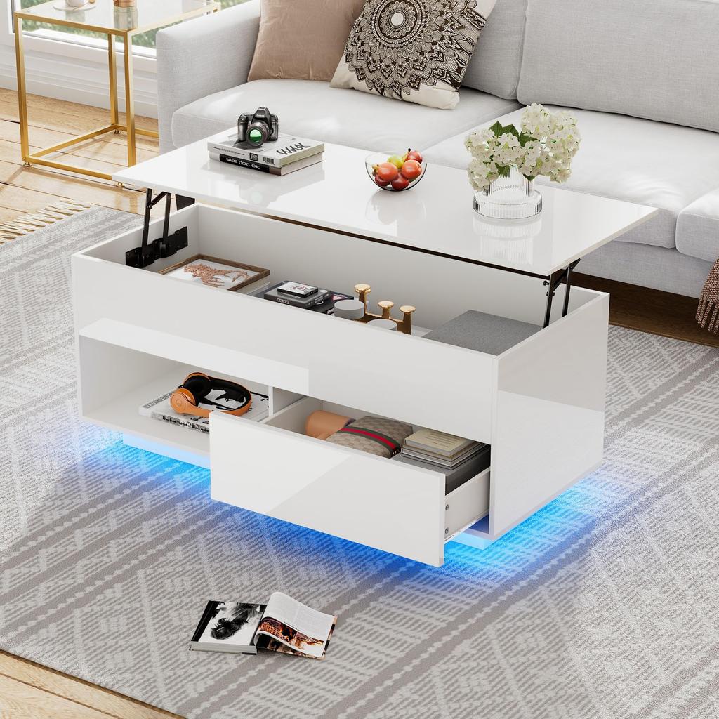 Couchtisch, Wohnzimmertisch Kaffeetisch Schubladen, offener versteckter Stauraum, Sofatisch aus Holz, Beistelltisch Wohnzimmer, Büro, Weiß