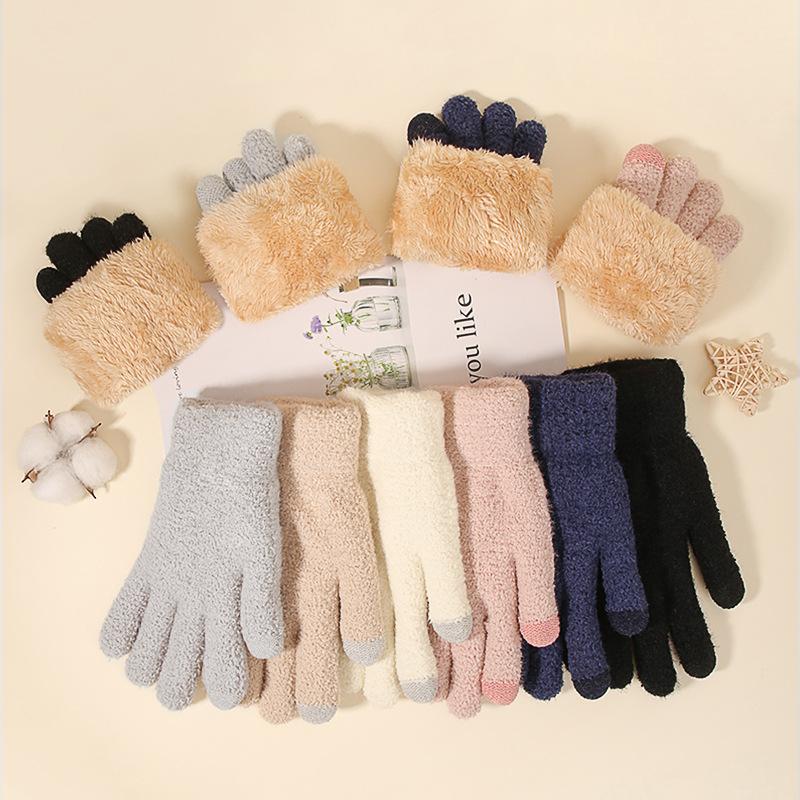 Women's Warm Cold Resistant Knitted Gloves In Autumn and Winter, Plush Yarn Thickened Double-layer Outdoor Touchscreen Gloves