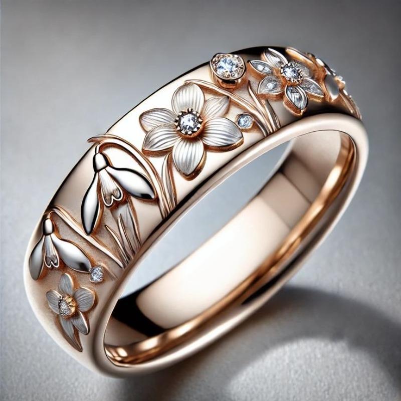 Gorgeous Inlaid White CZ Flower Women's Ring Classic Gold Color Hand Carving Daily Wear Party Jewelry Anniversary Gift