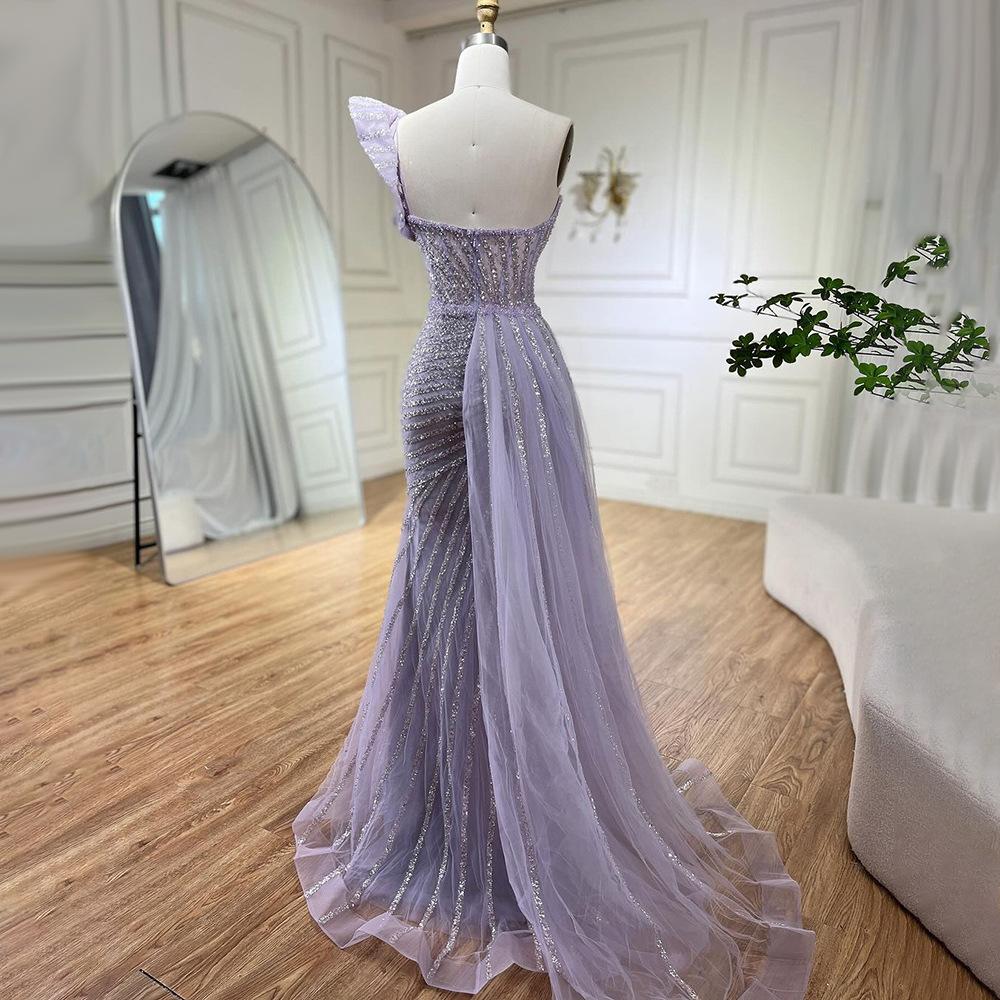 Lilac Purple High-end Handmade Bead Shoulder Sleeveless Fishtail Host Solo Banquet Dress LA11111