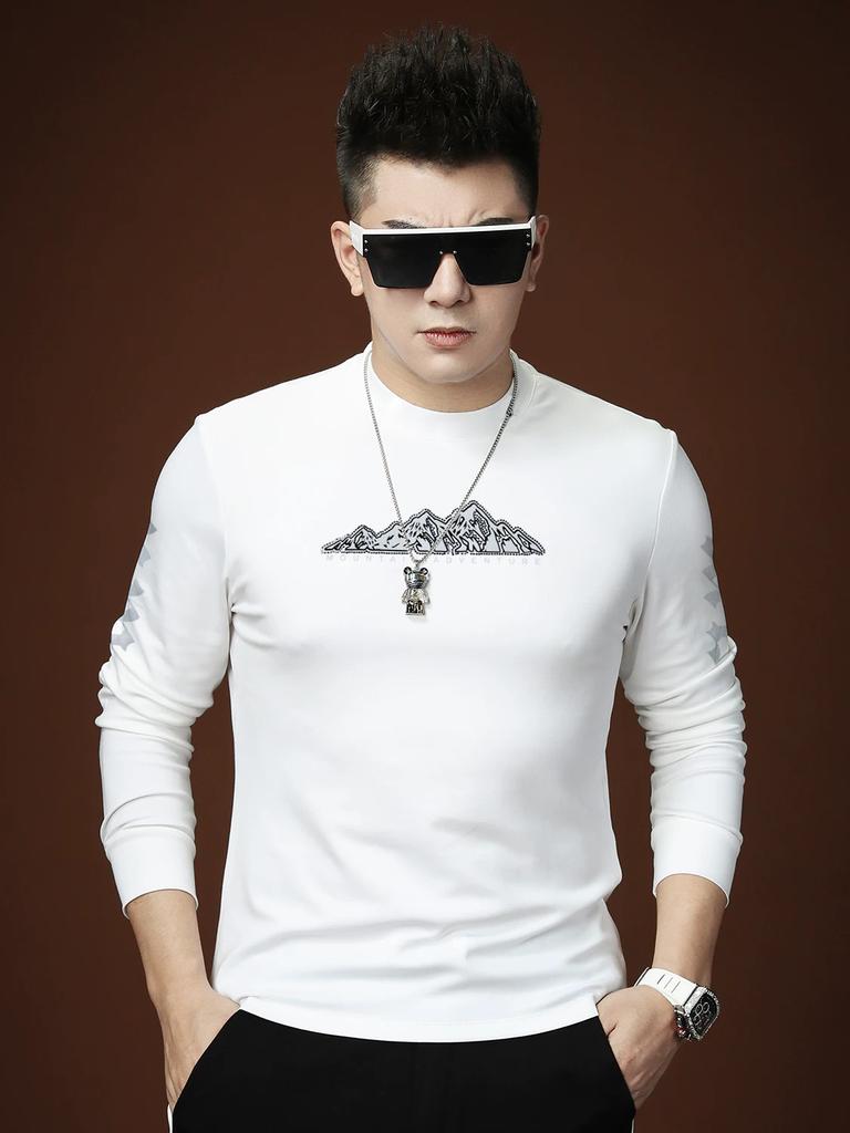 European-Style Men's Long-Sleeve T-Shirt with Lettering and Gold Stamping, 2025 Autumn New Fashion Brand Slim-Fit Top for Men