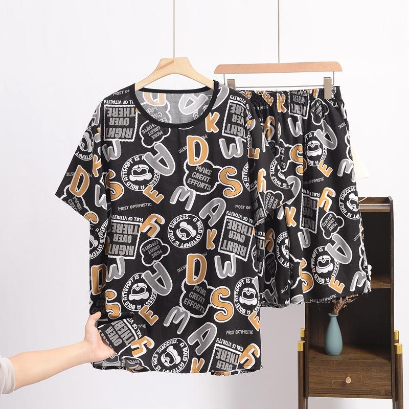 Summer Men's Cotton and Silk Pajamas, Short-sleeved, Large-sized Loose Casual Printed Home Wear, Can Be Worn As An Outer Suit