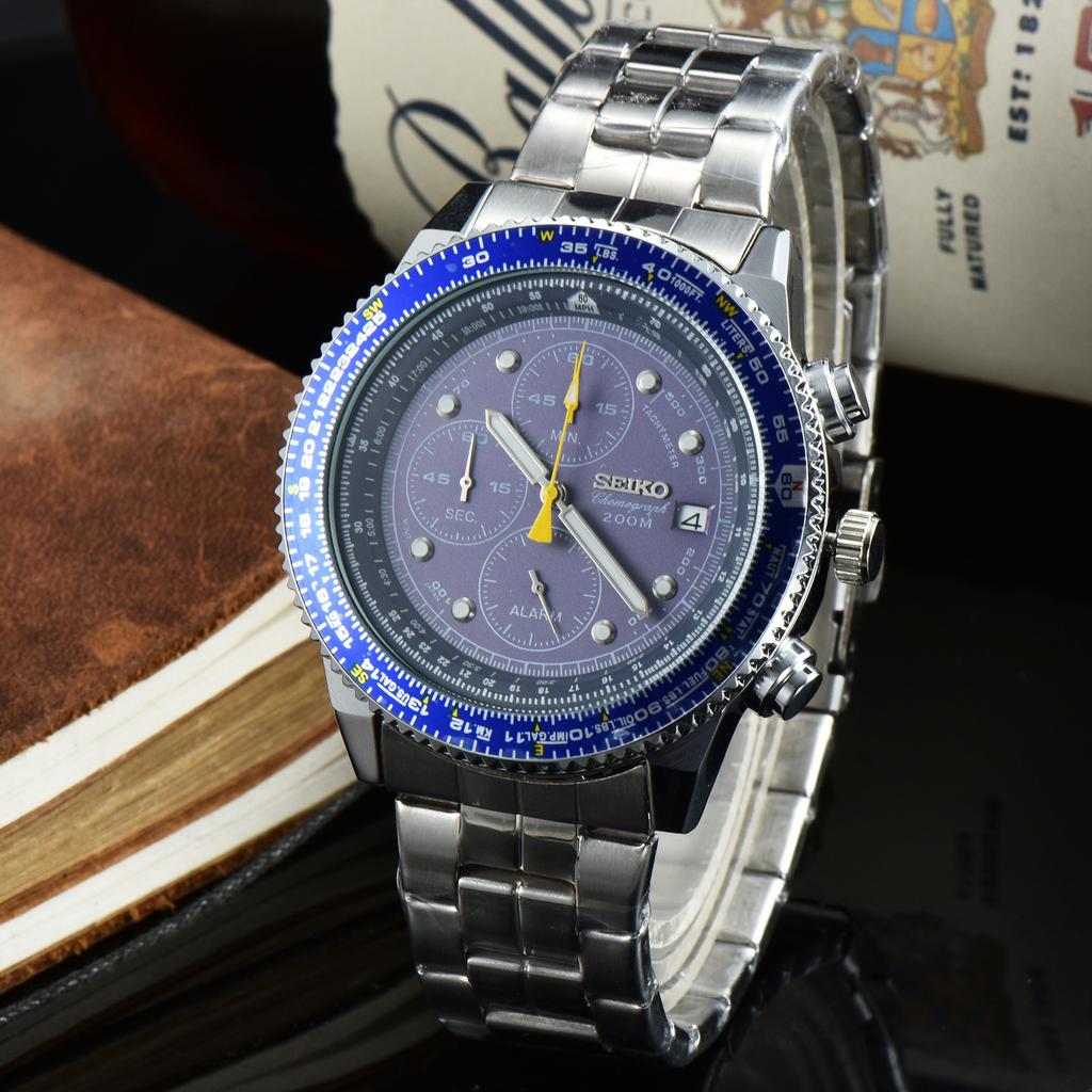 SEIKO Herren Quarz Chronograph Uhr Edelstahl / Lederarmband Tachymeterlünette Leuchtzeiger Datum Sport Business Herren Armbanduhr