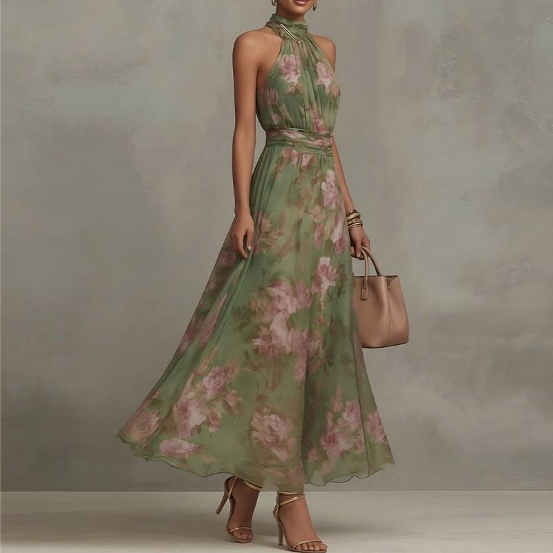 2026 Women s Clothing Elegant Temperament Printed Neck-hanging Dress S зелёный