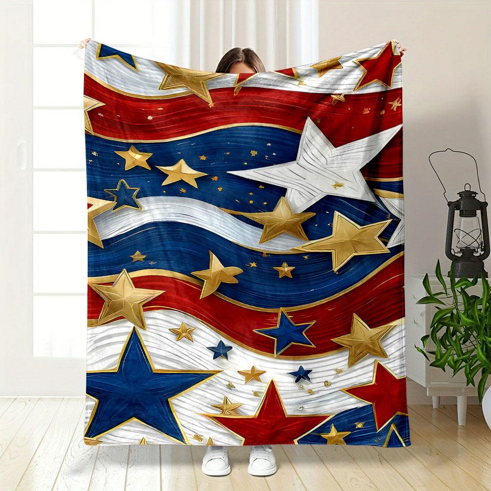 Patriotic Stars and Stripes Design Patterned Blanket, Flannel, Suitable for All Seasons, Home Decor, Warm and Cozy