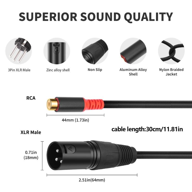 2RCA Female to XLR Male Converter Cable Professional Sound Connector 30cm Length Nylon Texture for Speaker