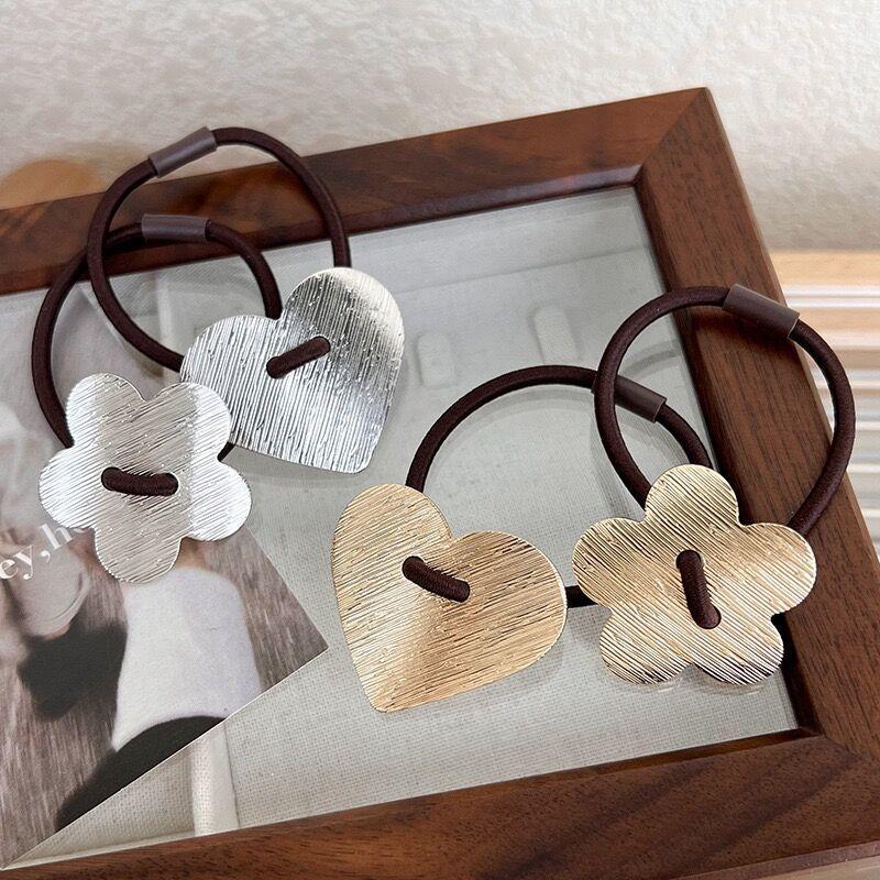 Korean Metal Flower Heart Elastic Rubber Band Scrunchies Elegant Hair Rope Hairband For Women Headband Hair Accessories Headwear