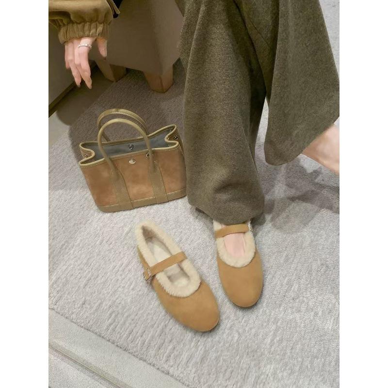 Wool grape ma warm round head one-word buckle with flat bottom versatile Mary Jane shoes women's plush plush single shoes