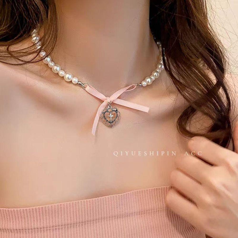 Korean Style Bowknot Pendant Choker Zircon Balletcore Choker Temperament Pink Bow Necklace  Wedding