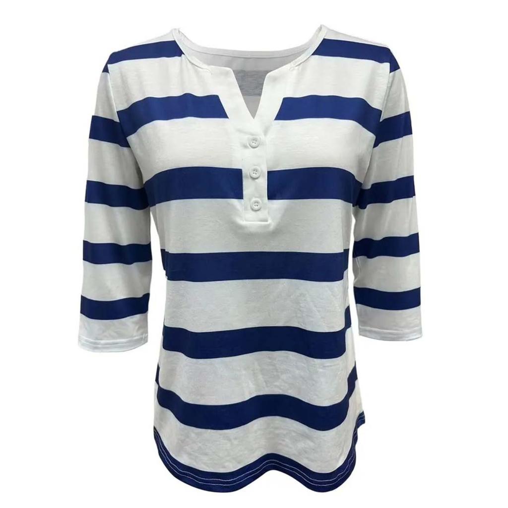 2025 Summer New Women's Casual V-Neck Button Striped T-Shirt Fashion Versatile Top for Europe and America
