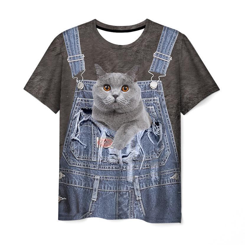 Letní tričko s kulatým výstřihem, 3D potiskem kočky se vzhledem falešných šlí, módní, ležérní, s krátkým rukávem, dětské, pro chlapce a dívky