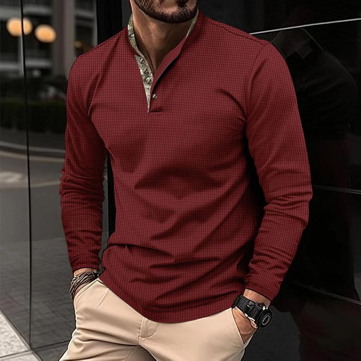 

Men s Casual Stand Up Collar Spliced Long Sleeved Polo Shirt XXXL бордовий