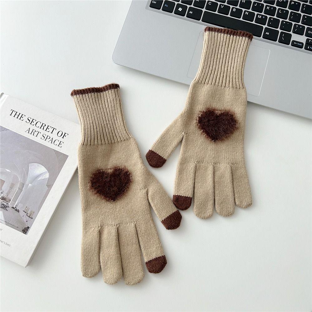 Cold Weather Korean Style Heart Gloves Touchscreen Thick Warm Knitted Gloves Coldproof Winter Mittens Autumn Winter