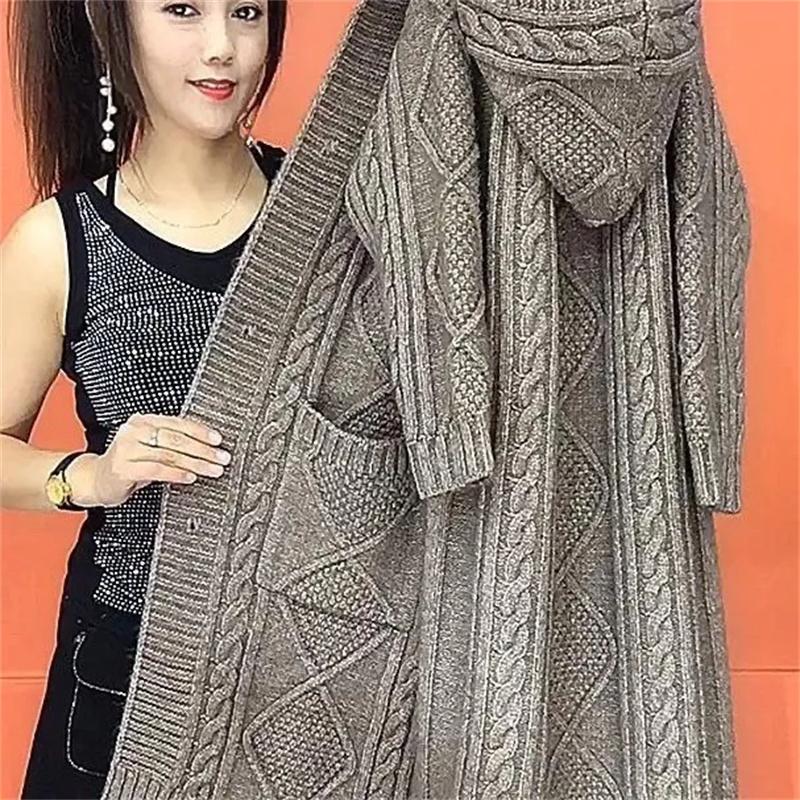 Large Size Autumn Winter Hooded Big Pocket KnittingJacket Women's Cardigan Sweater Coat Elegant Female Long Sweater