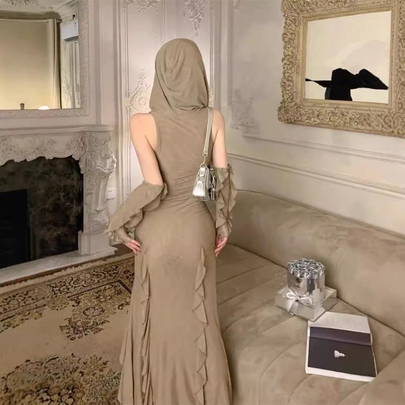 Vestido com Capuz Deserto de Duna Médio e Longo Saia Envelope Dividida no Quadril Saia de Manga Irregular
