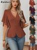 Deep V-Neck Ruched Waist Short Sleeve Top New Spring Fashion for Women