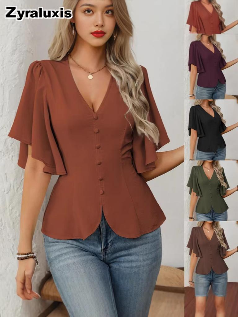 Deep V-Neck Ruched Waist Short Sleeve Top New Spring Fashion for Women