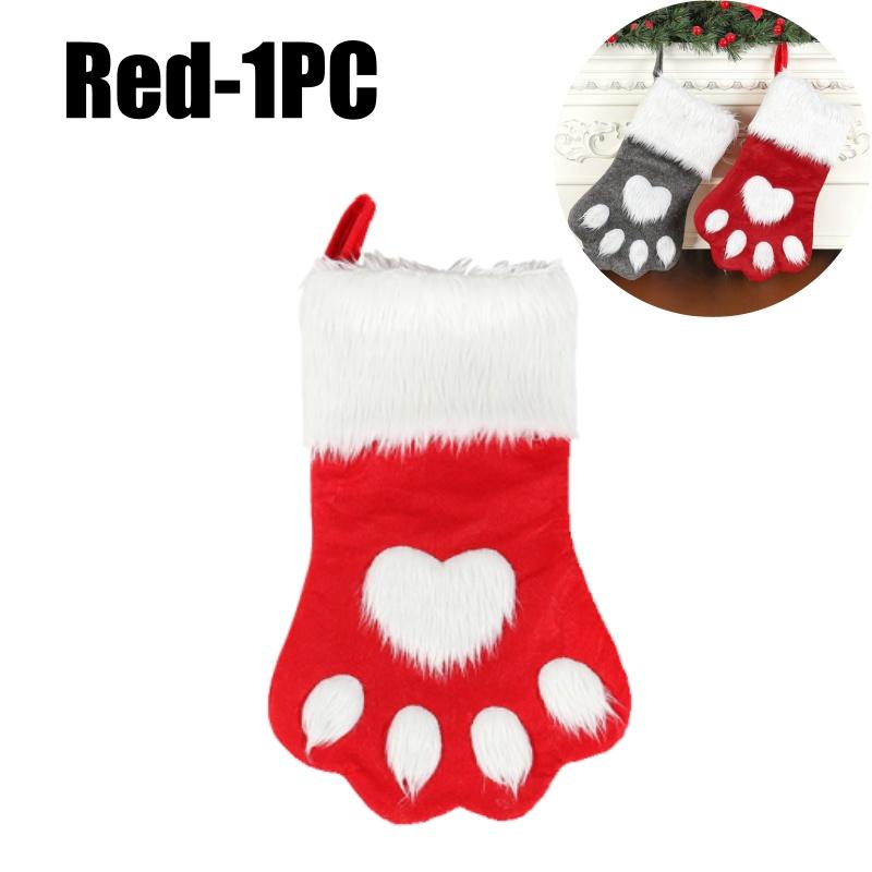 Red Velvet Christmas Stockings with Dogs Paw Winter Fuzzy Gift Bag for Home Hanging Holiday Ornament Decor