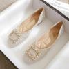 Fashion Ladies Footwear Pearl Low Heel Elegant Women's Flat Shoes Square Toe Korean Fashion High Quality Vintage Modest Stylish Chic Y2k