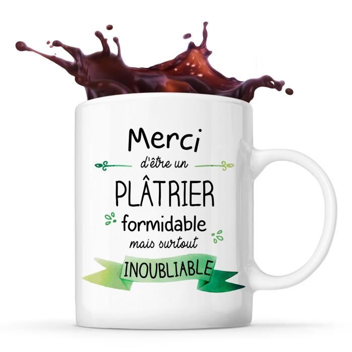 Mug en céramique - Merci Plâtrier Inoubliable - Tasse Idée Cadeau Collègue Travail Retraite - Blanc - 325 ml