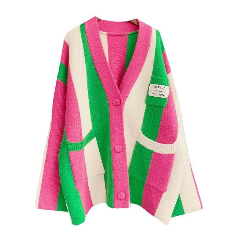 

Women s Single Breasted V-neck Knitwear Cozy Loose Cardigans Women Sweaters Autumn Sweater Colorful Striped Cardigan One Size