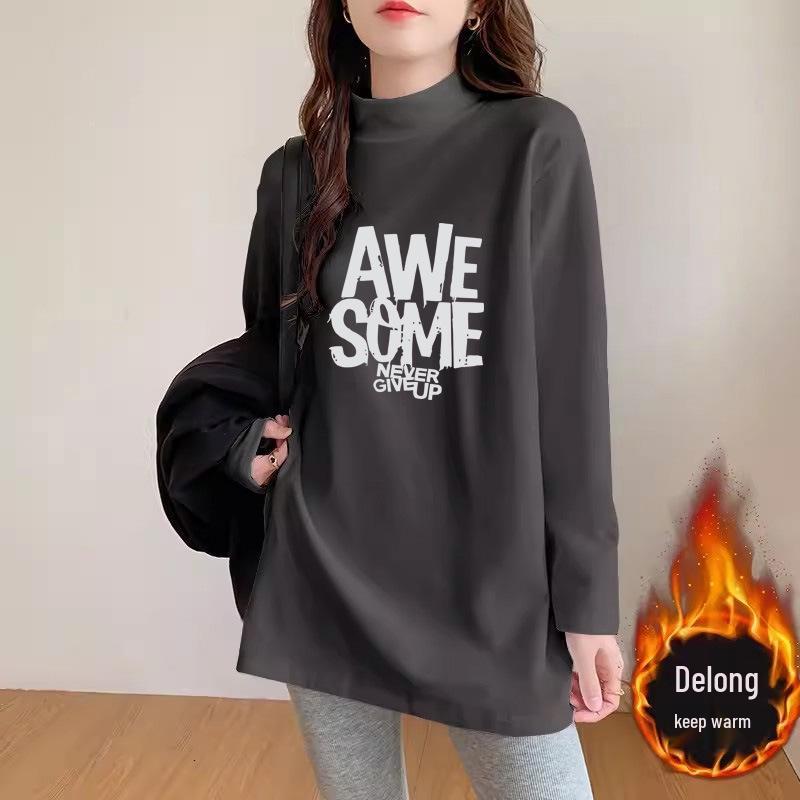 Black Semi-High Neck Long-Sleeve T-Shirt: Women's Mid-Length Velvet Blend for Spring/Autumn 2025.