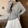 2026 Spring Round Neck Plus Size Split Hem Knit Top - Long Sleeve Waist-Cinching Design for Women