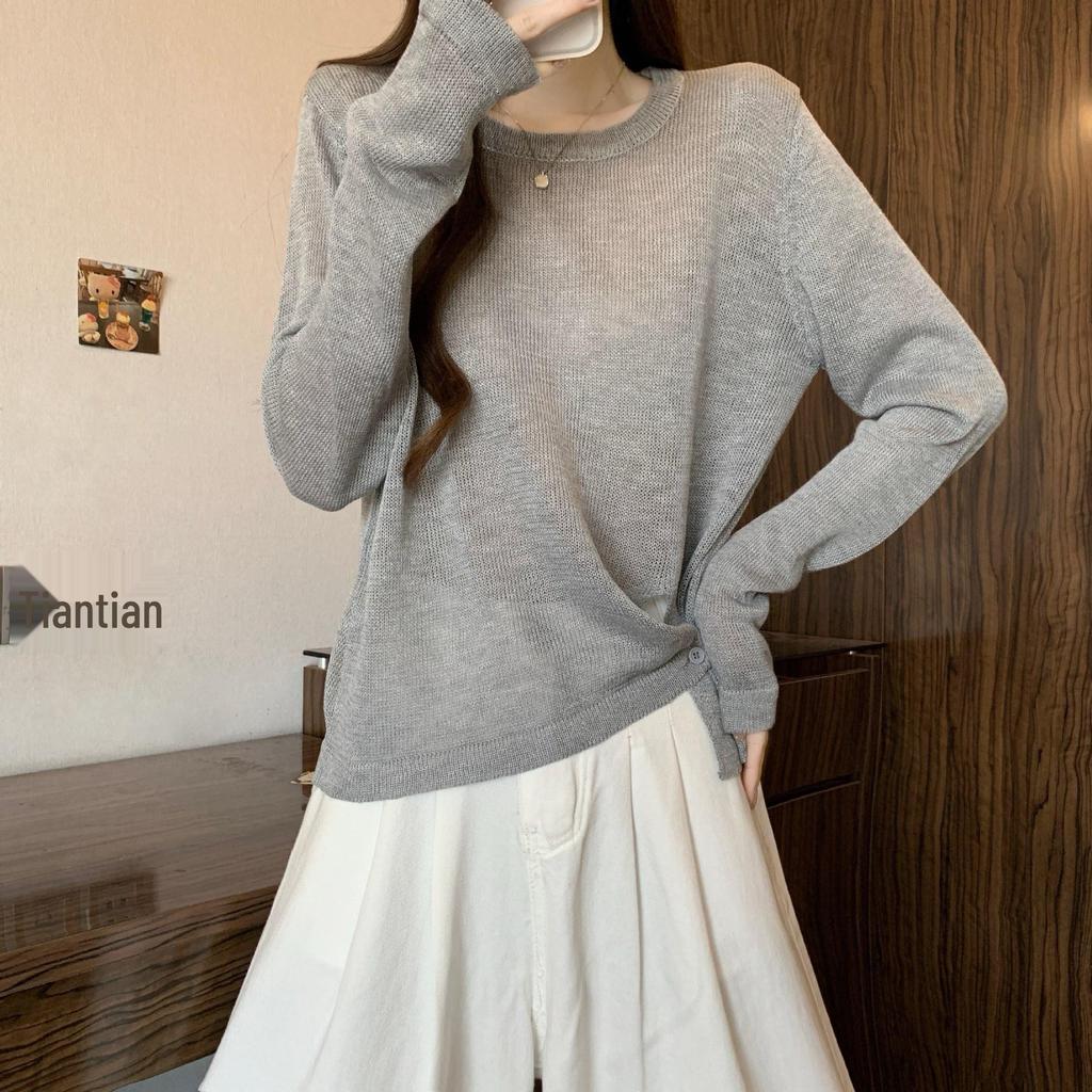 2026 Spring Round Neck Plus Size Split Hem Knit Top - Long Sleeve Waist-Cinching Design for Women