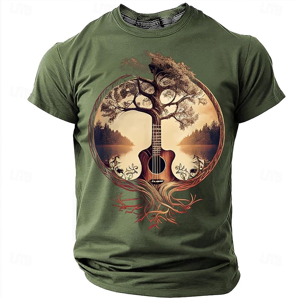 Men's Acoustic Guitar Tree of Life Graphic T-Shirt Nature Roots Surreal Music Art Folk Musician Gift Sunset