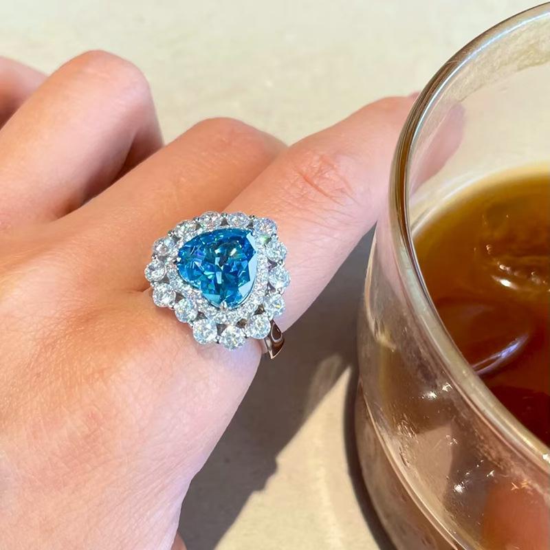 Zhuozhifan Jewelry S925 Sterling Silver Aquamarine Heart & Ice Flower Ring for Women