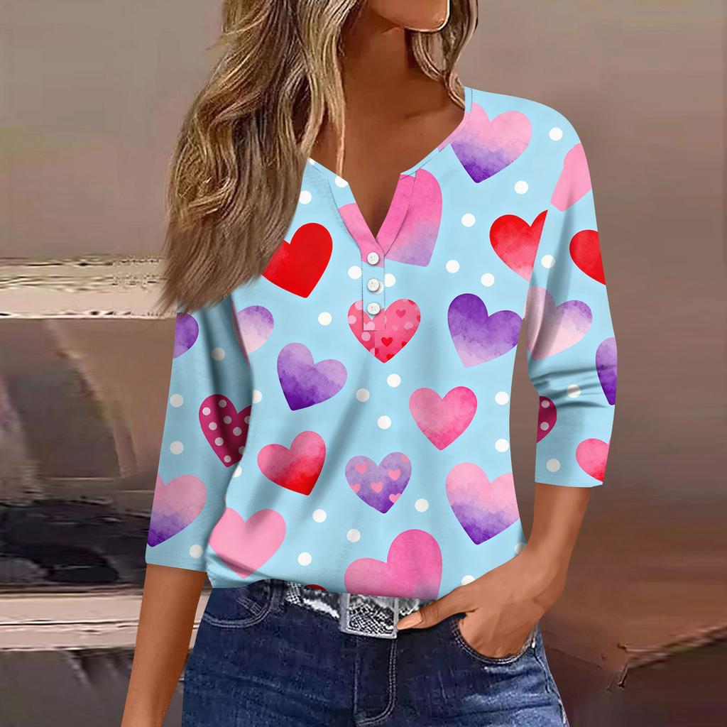 Women's Fashion Button-Up V-Neck Three-Quarter Sleeve Valentine's Day Print Top