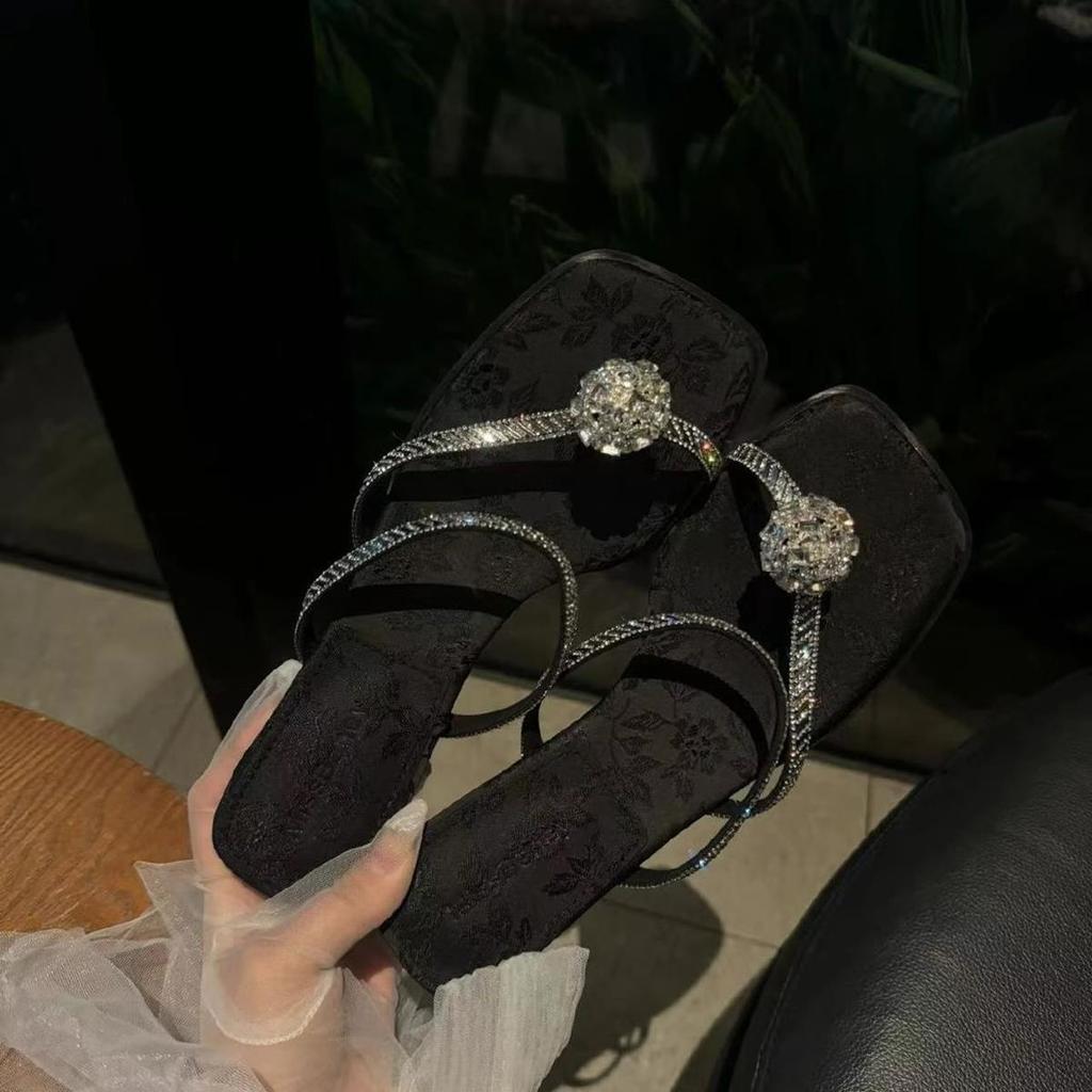 Rhinestone Open Toe Slides Medium Heel Women's Slippers and Ladies Sandals Casual Non Slip 39 Shoes Small Size On Promotion Shoe