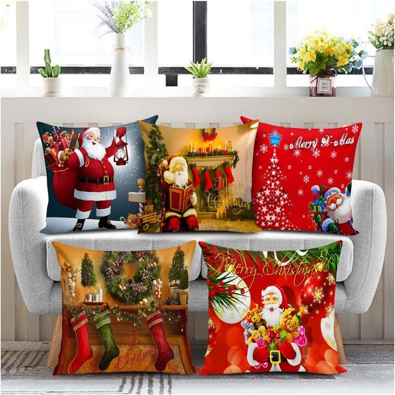Decorative Printed Merry Christmas Theme Cushion Cover Xmas Decorations for Sofa Living Room Set of 5 12 X 12 Inch Multi