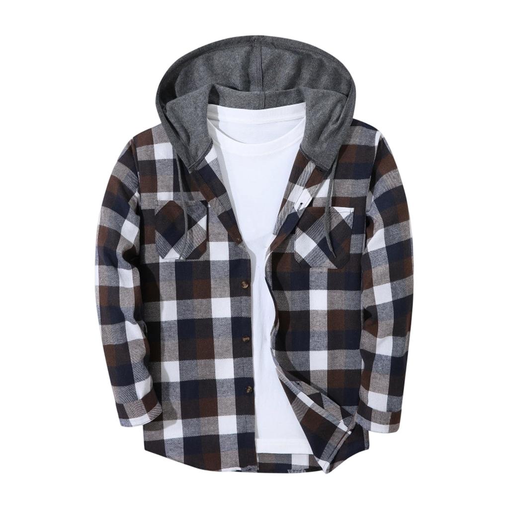 Men's Flannel Plaid Button-Up Shirt Jacket with Hood for Casual Outdoor Wear