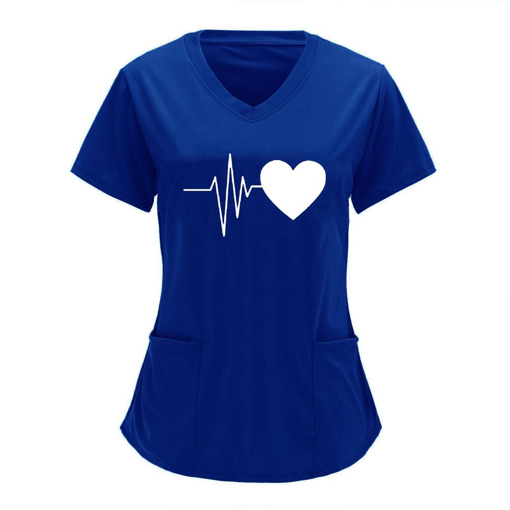European & American Heartbeat Love Print Nurse Uniform, V-Neck, Double Pocket, Short-Sleeve T-Shirt, Large Size