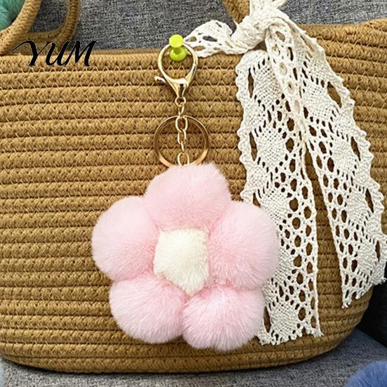 Aesthetic Handbag Pendant Plush Flower Keychain for Handbags, Five-petal Bag Charm, Women Fluffy Backpack Hanging Accessory Metal Key Chain