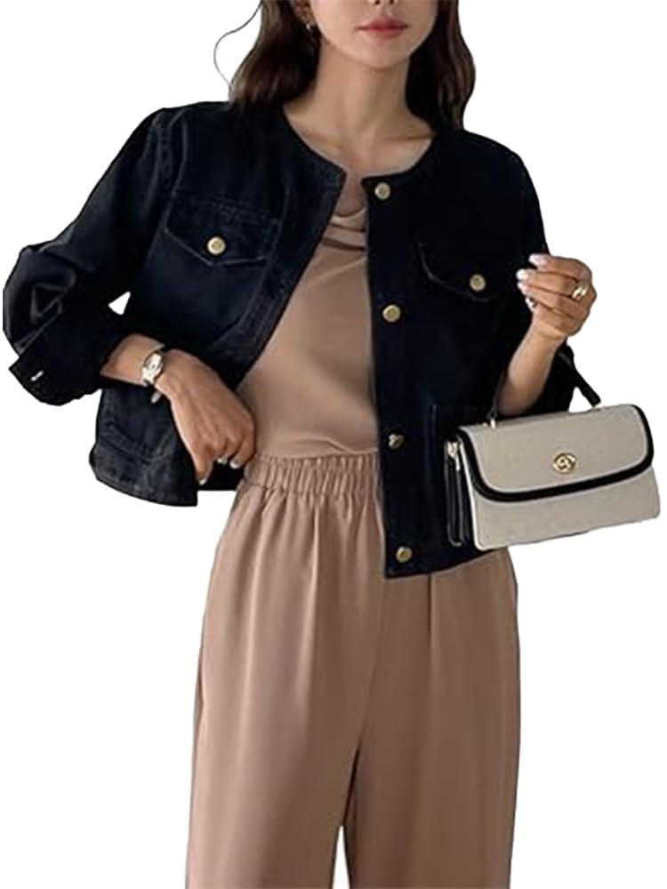 HCAWRNAP Denim Short Denim HA27 Women s Jacket, Collarless, Coat, Outerwear, Casual, Spring/Autumn, (Black) чёрный